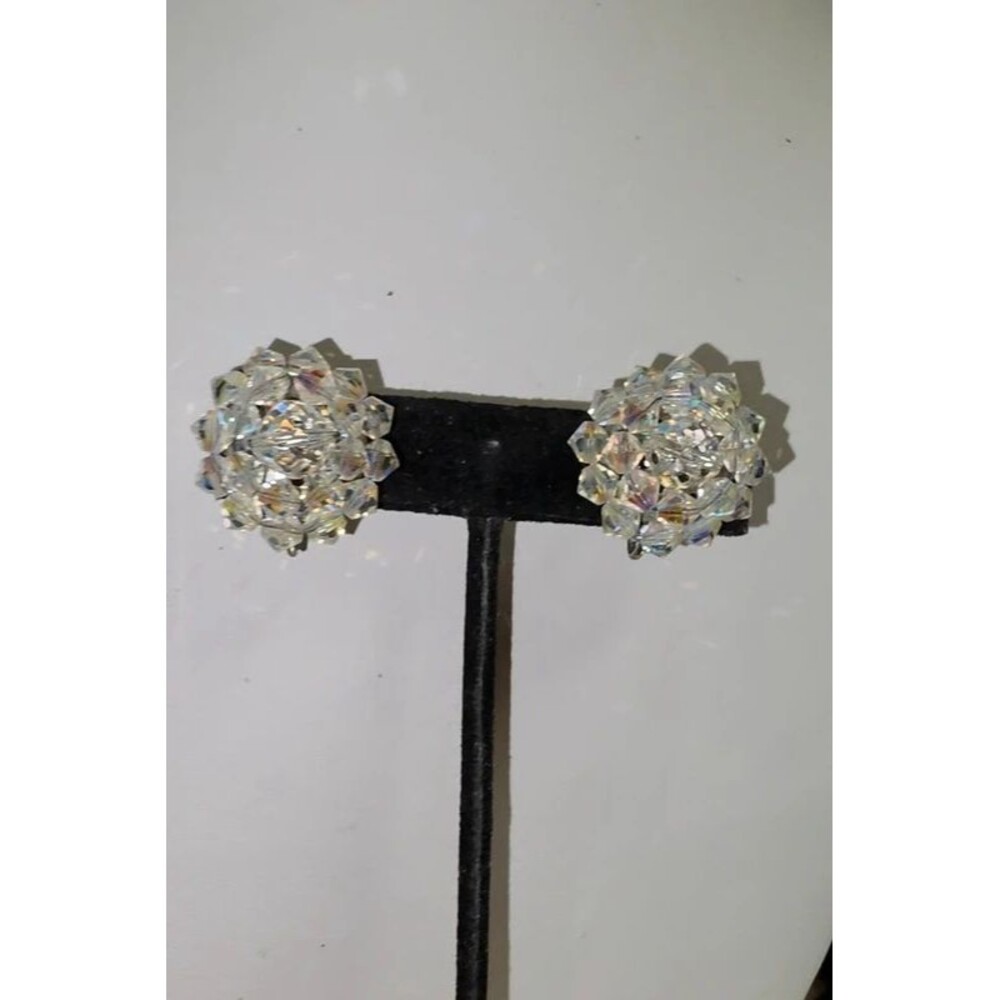 Vintage Aurora Borealis Crystal Cluster Clip-On Earrings,1950s 1960s